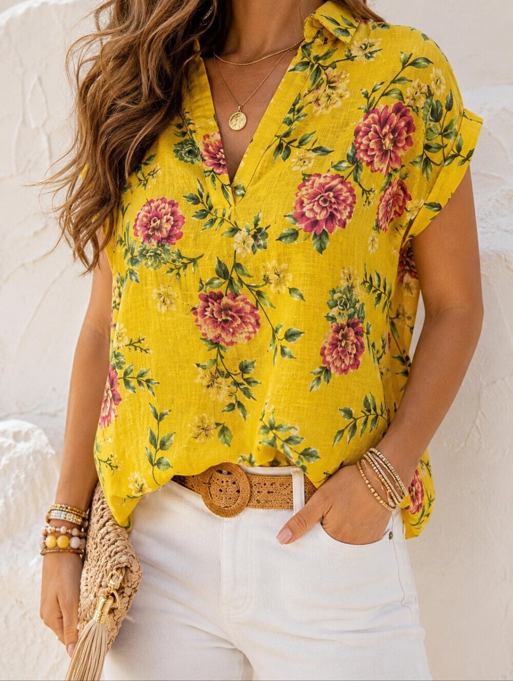 Vanessa Zani Linen 100% Made In Italy Floral Peony Oversized Blouse Medium